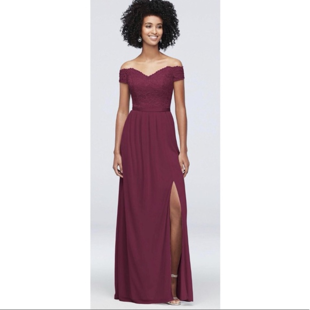 Davids Bridal Off-the-Shoulder Lace and Mesh Bridesmaid Dress in Wine